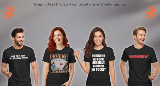 Four people modeling graphic tees from A or B Tees