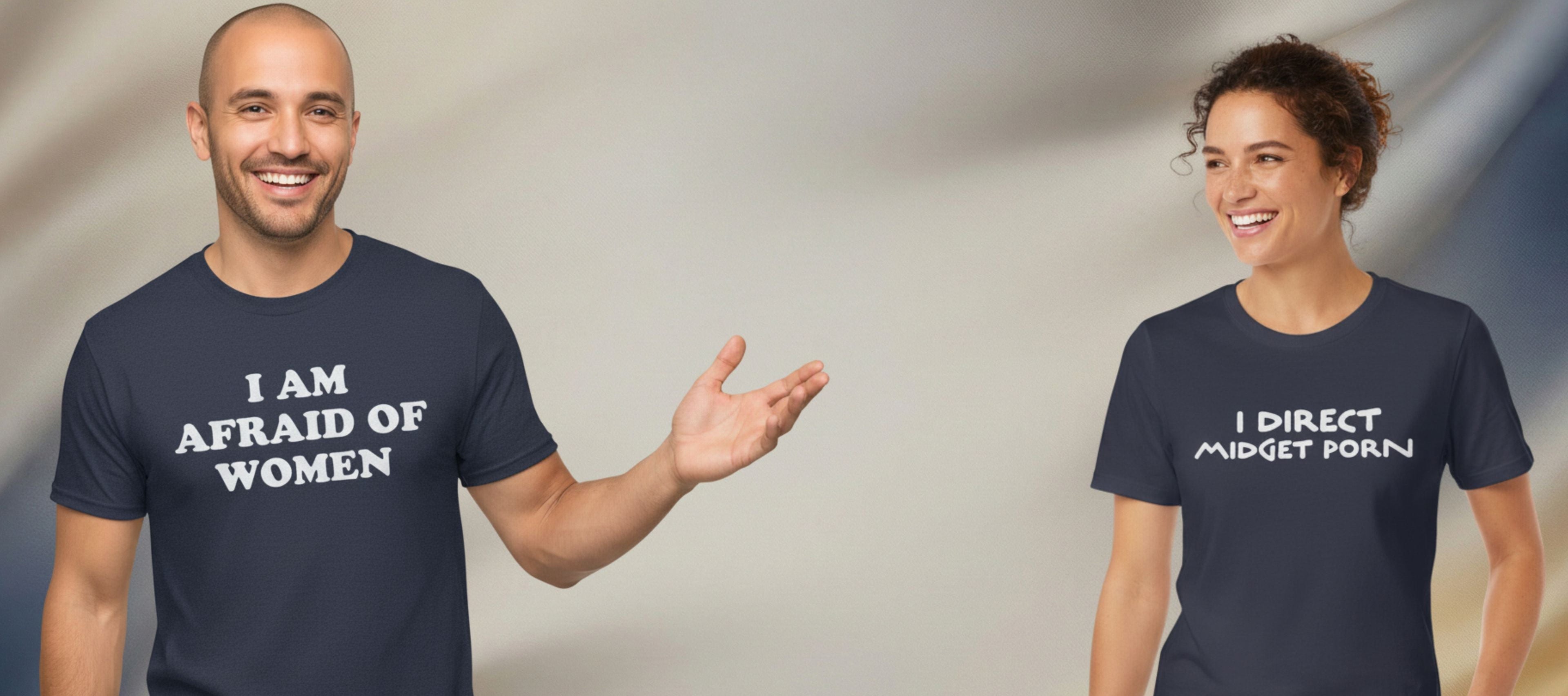 Two people wearing navy blue t-shirts with humorous text designs.