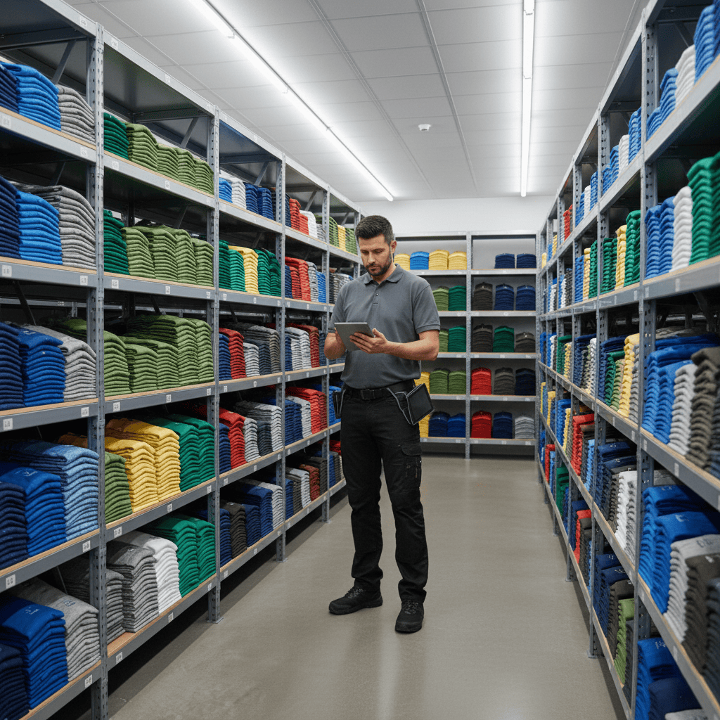 Man using a tablet in a warehouse with shelves stocked with colorful items