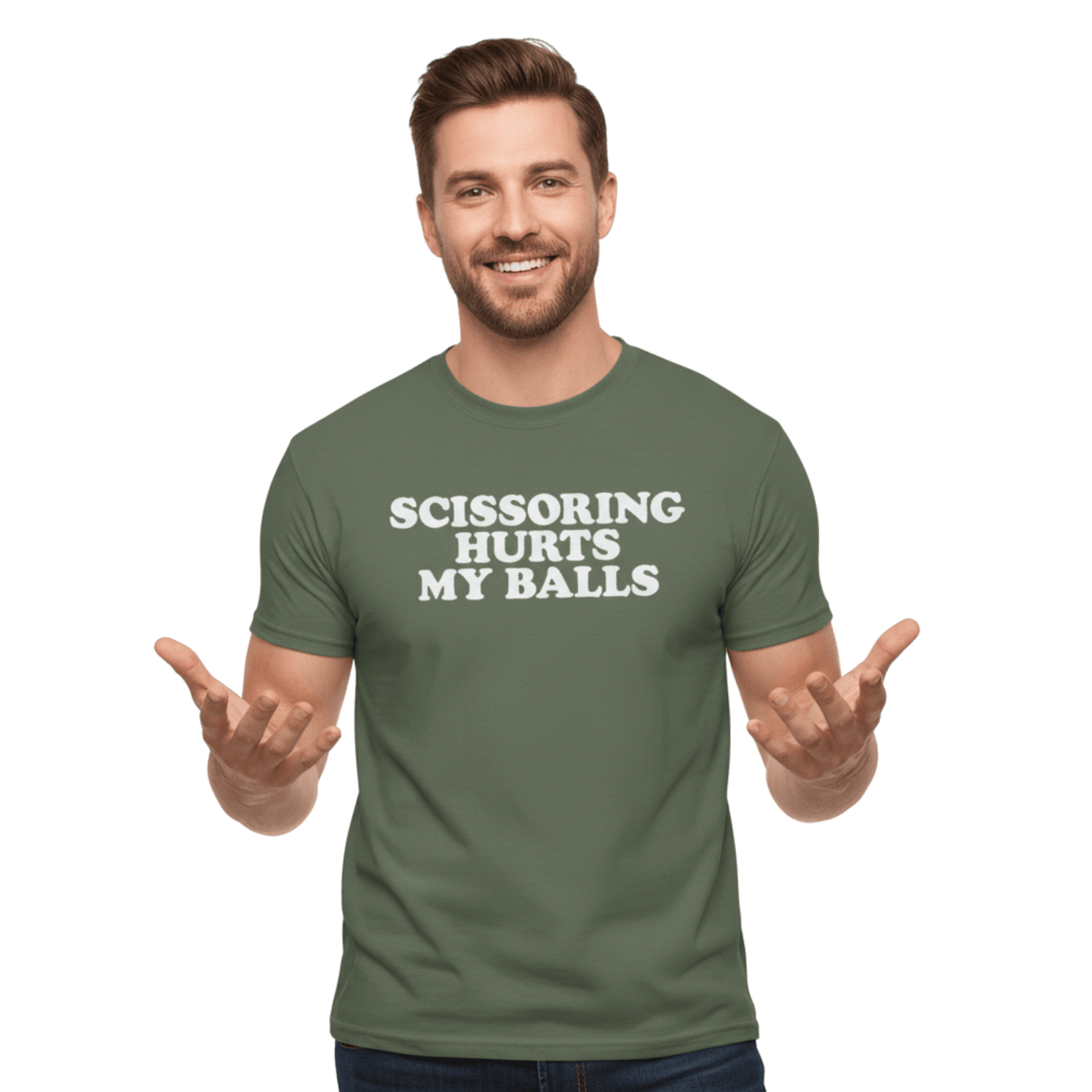 Man wearing a green t-shirt with text on a white background