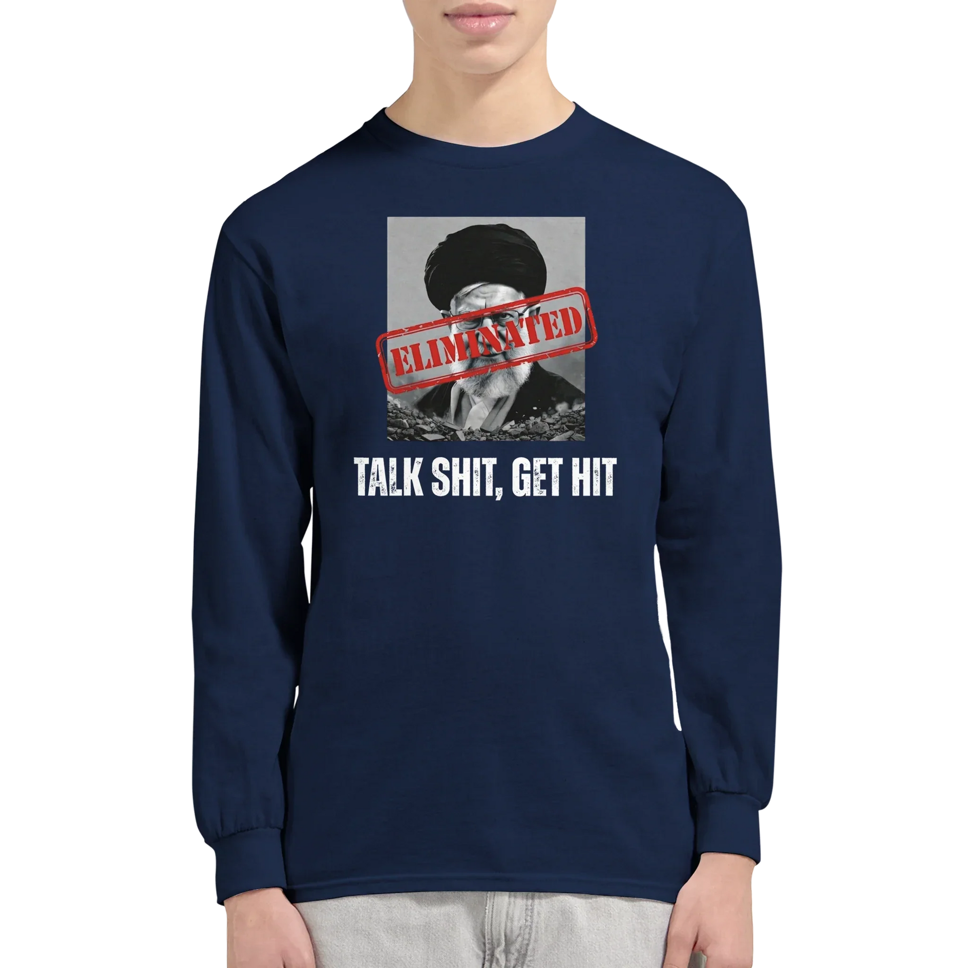 A-or-B-Tees Print Material Ayatollah Khamenei Eliminated Long Sleeve T-Shirt - Meme Stamp Longsleeve