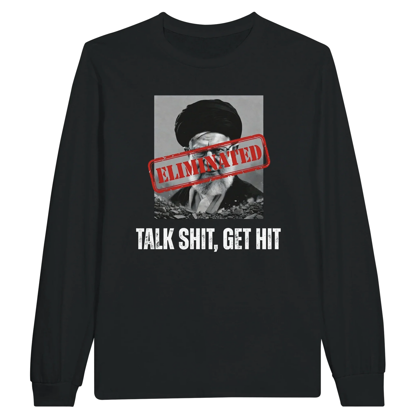 A-or-B-Tees Print Material S / Black Ayatollah Khamenei Eliminated Long Sleeve T-Shirt - Meme Stamp Longsleeve