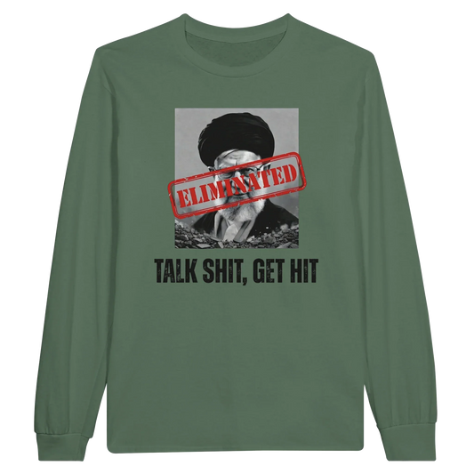 A-or-B-Tees Print Material S / Military Green Ayatollah Khamenei Eliminated Long Sleeve T-Shirt - Meme Stamp Longsleeve