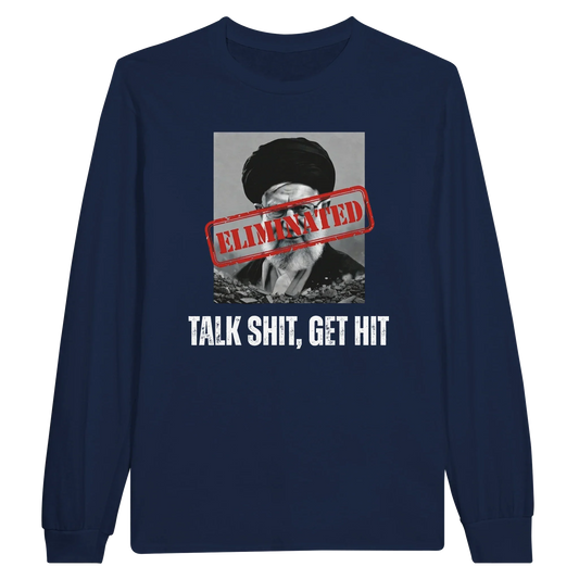 A-or-B-Tees Print Material S / Navy Ayatollah Khamenei Eliminated Long Sleeve T-Shirt - Meme Stamp Longsleeve
