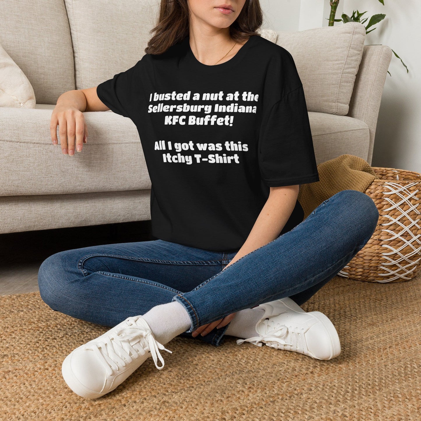 A-or-B-Tees T-Shirt Black / XS Funny Novelty T-Shirt — "I Busted a Nut at the Sellersburg Indiana KFC Buffet" Humorous Souvenir Tee