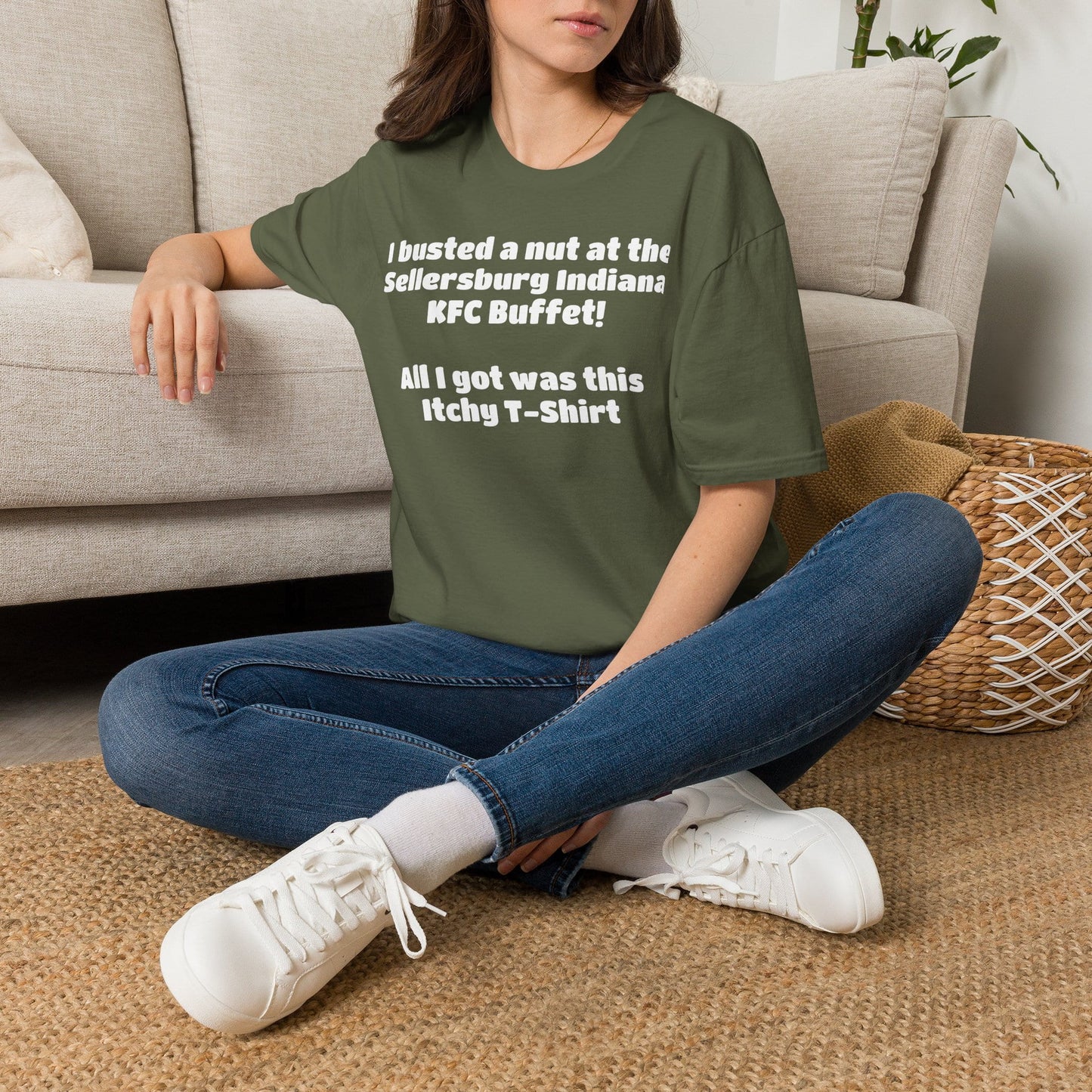 A-or-B-Tees T-Shirt Military Green / S Funny Novelty T-Shirt — "I Busted a Nut at the Sellersburg Indiana KFC Buffet" Humorous Souvenir Tee