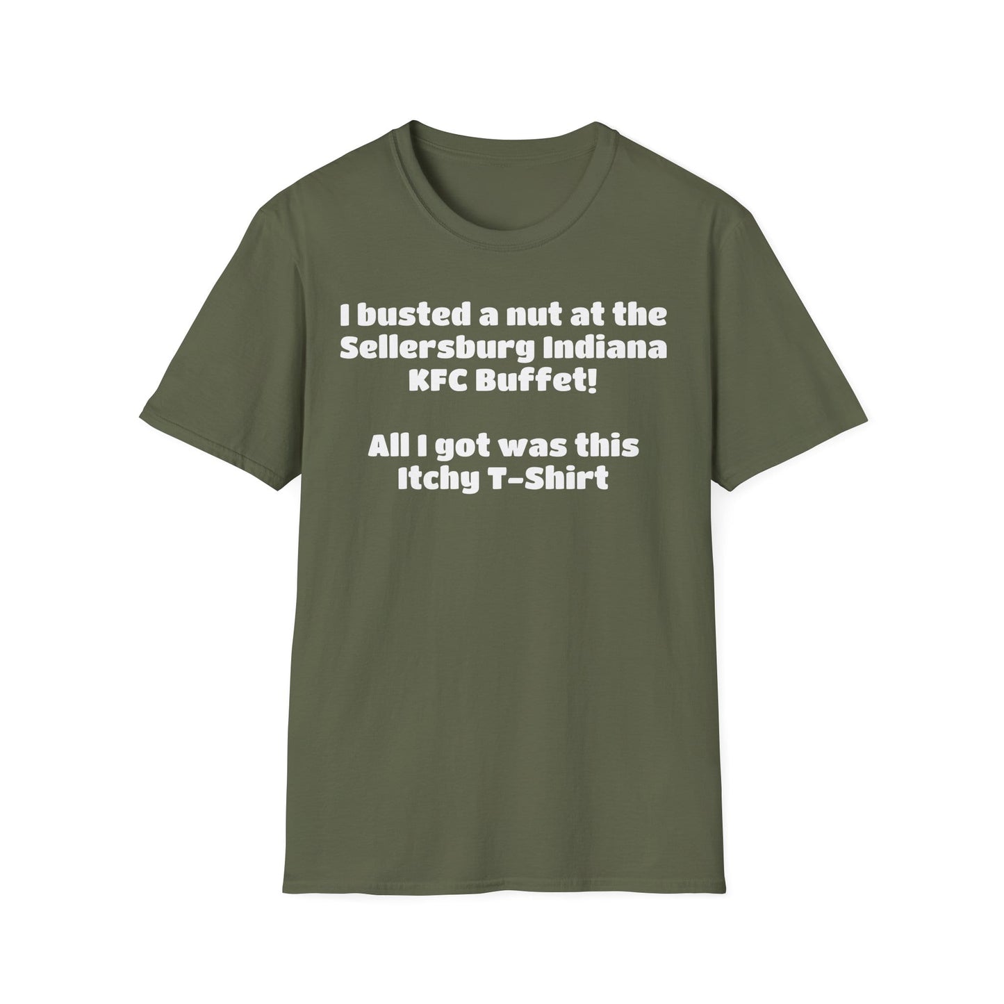 A-or-B-Tees T-Shirt Funny Novelty T-Shirt — "I Busted a Nut at the Sellersburg Indiana KFC Buffet" Humorous Souvenir Tee