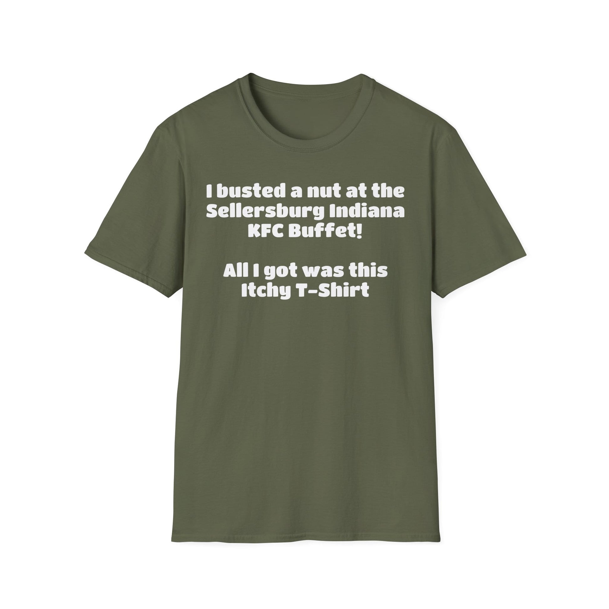 A-or-B-Tees T-Shirt Funny Novelty T-Shirt — "I Busted a Nut at the Sellersburg Indiana KFC Buffet" Humorous Souvenir Tee