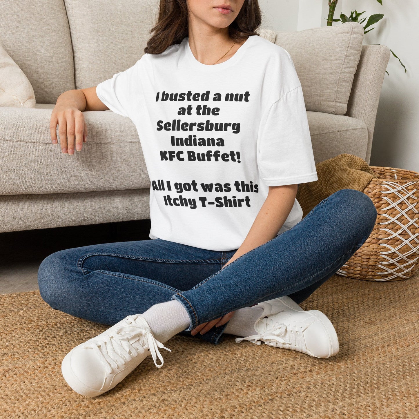 A-or-B-Tees T-Shirt White / S Funny Novelty T-Shirt — "I Busted a Nut at the Sellersburg Indiana KFC Buffet" Humorous Souvenir Tee