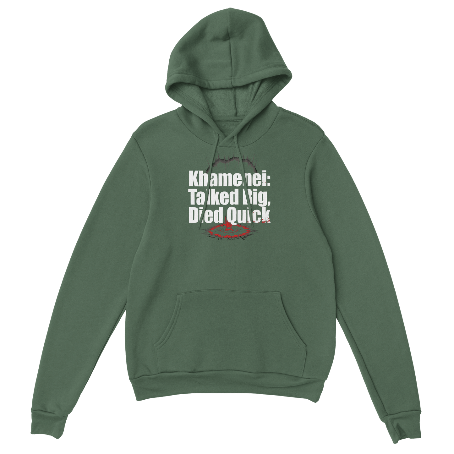 A-or-B-Tees Print Material S / Charcoal "Khamenei: Talked Big, Died Quick" Graphic Pullover Hoodie in 6 Bold Hues – New Arrivals 20% Off!