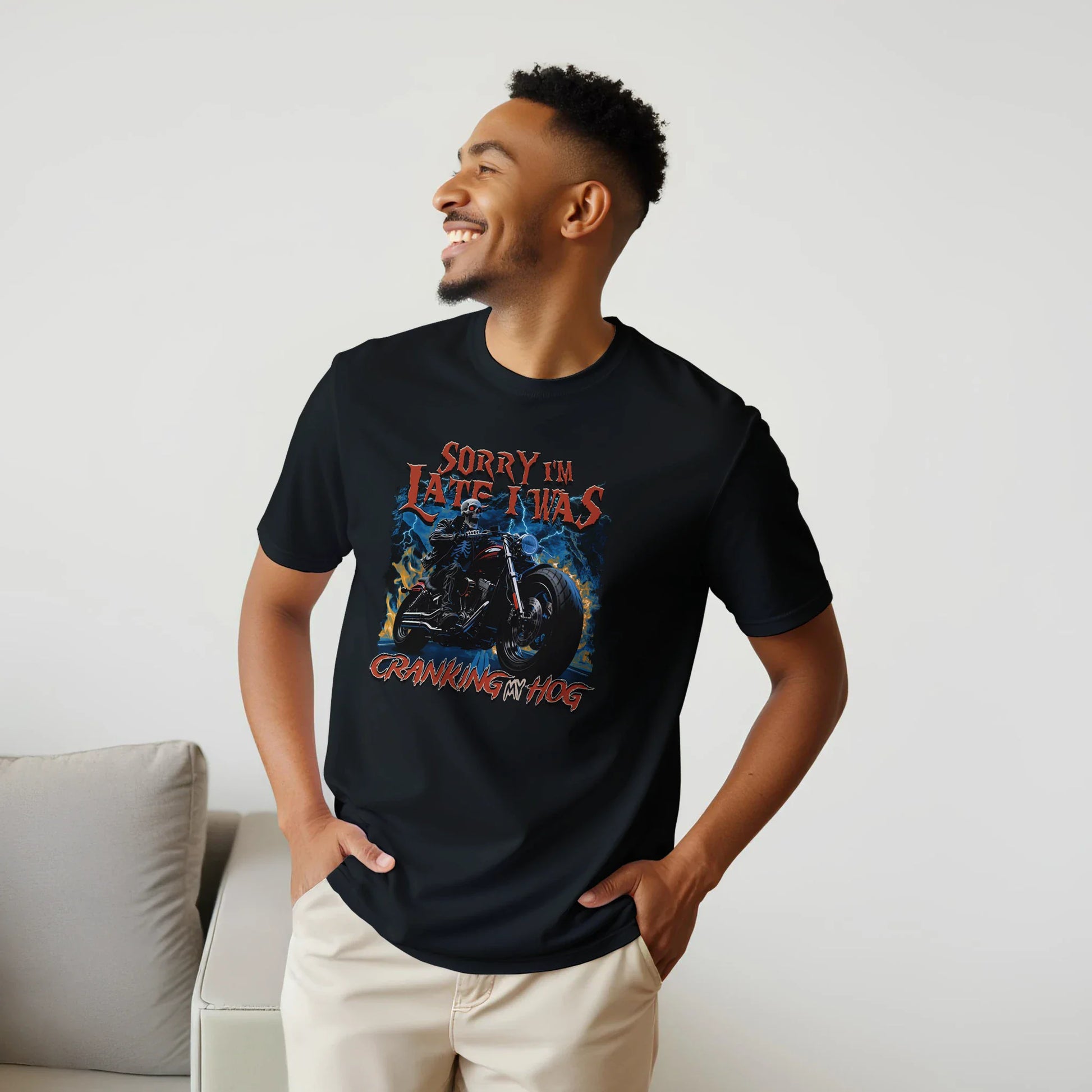 A-or-B-Tees Print Material Sorry I'm Late I Was Cranking My Hog T-Shirt – Funny Meme Tee