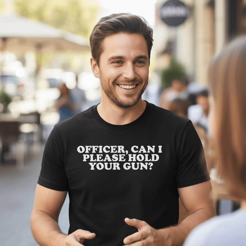 many wearing a shirt that says officer, can i please hold your gun